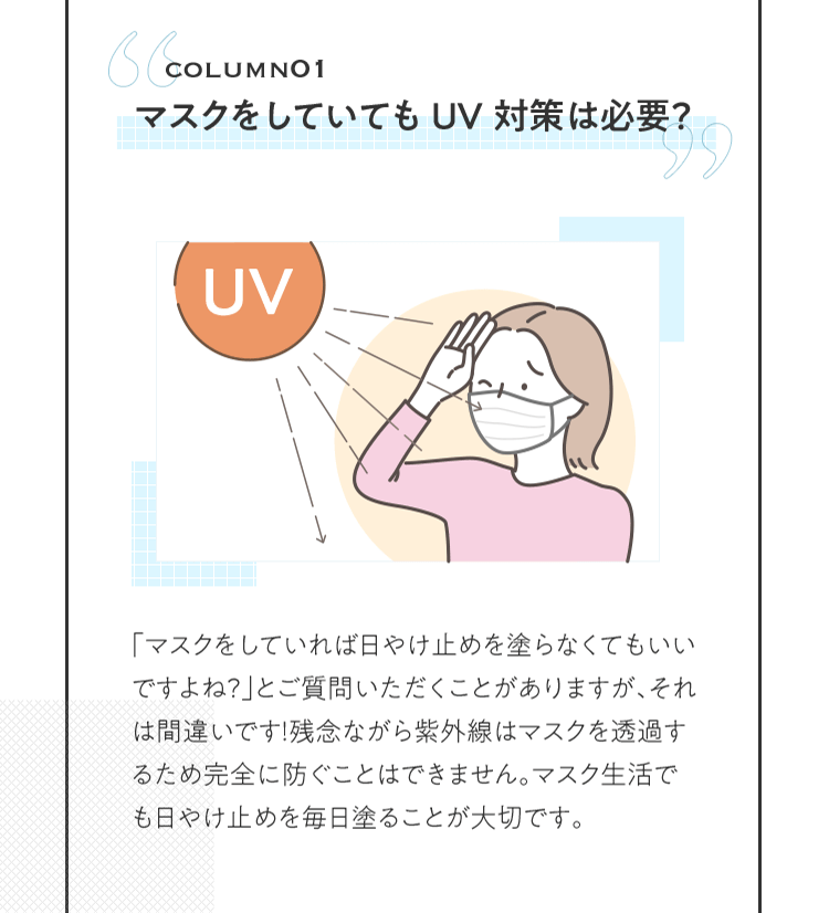 COLUMN01 マスクをしていてもUV対策は必要？ | 「マスクをしていれば日やけ止めを塗らなくてもいいですよね？」とご質問いただくことがありますが、それは間違いです！残念ながら紫外線はマスクを透過するため完全に防ぐことはできません。マスク生活でも日やけ止めを毎日塗ることが大切です。