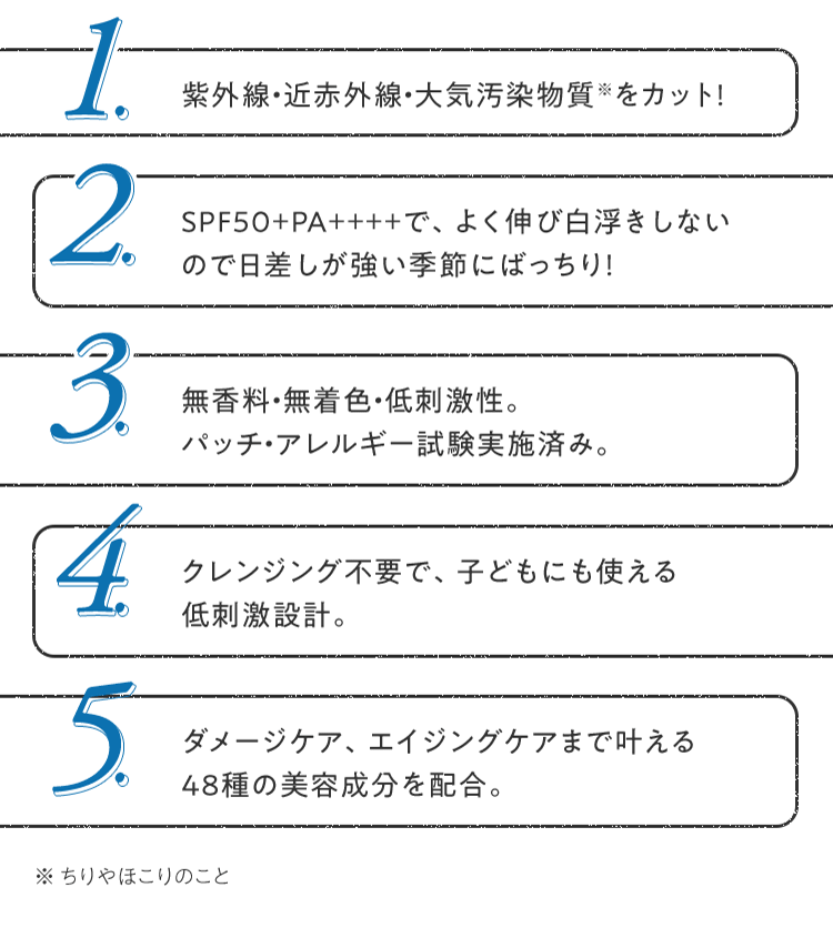 1.紫外線・近赤外線・大気汚染物質※をカット！ | 2.SPF50+PA++++で、よく伸び白浮きしないので日差しが強い季節にばっちり！ | 3.無香料・無着色・低刺激性。パッチ・アレルギー試験実施済み。 | 4.クレンジング不要で、子どもにも使える低刺激設計。 | 5.ダメージケア、エイジングケアまで叶える48種の美容成分を配合。 | ※ちりやほこりのこと